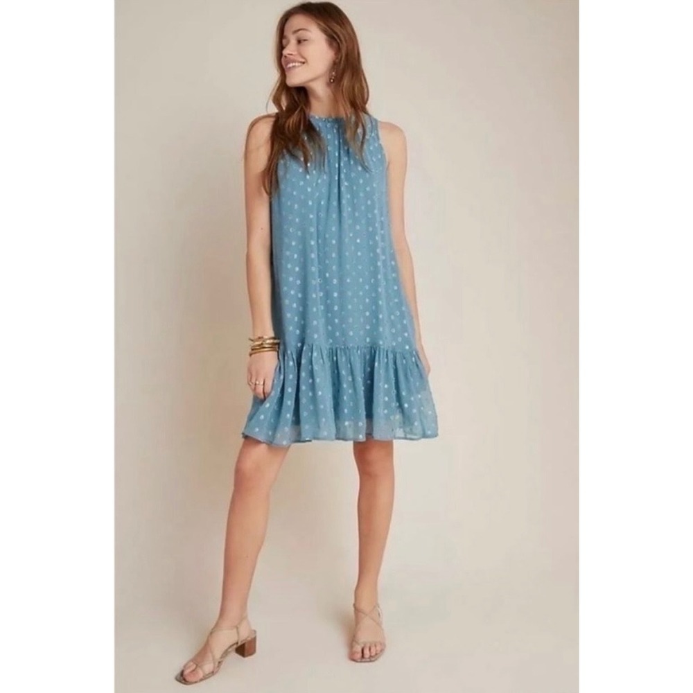 Anthropologie Natalie Flounced Tunic Dress Blue Silver Metallic Polka Dot Size M